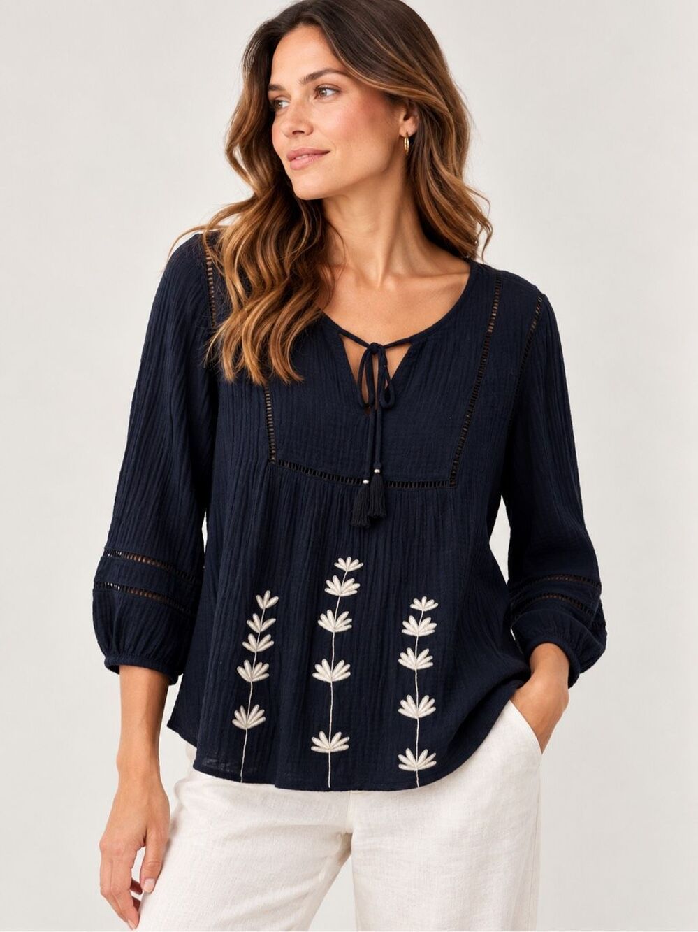 Johnny Was Calme Gauze Tunic 100% Organic Cotton Embroidered Size Small Black